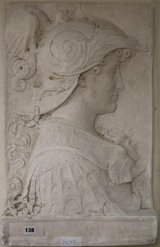 A plaster cast panel of a Roman warrior width 39.5cm height 64cm